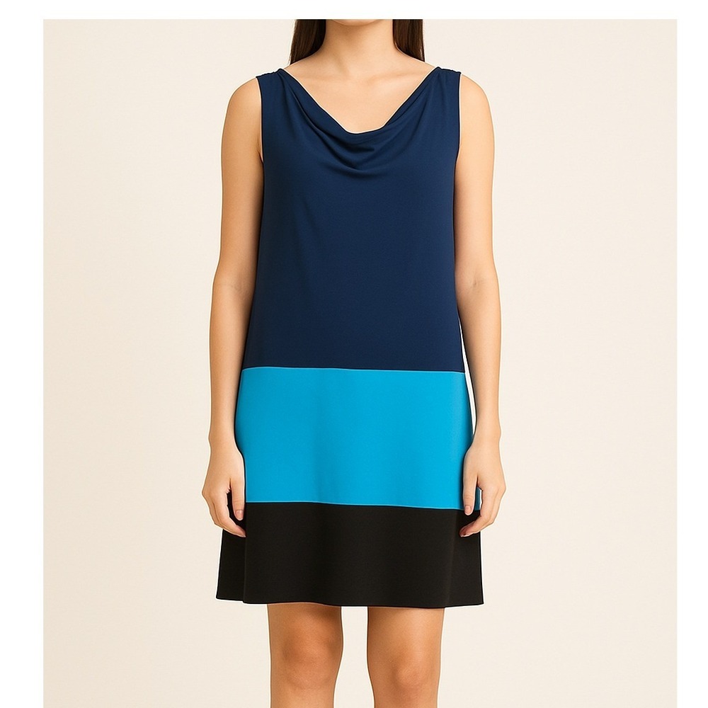 Muse‎ Colorblock Sleeveless Cowl Neck Sheath Dress Blue Black Size 10